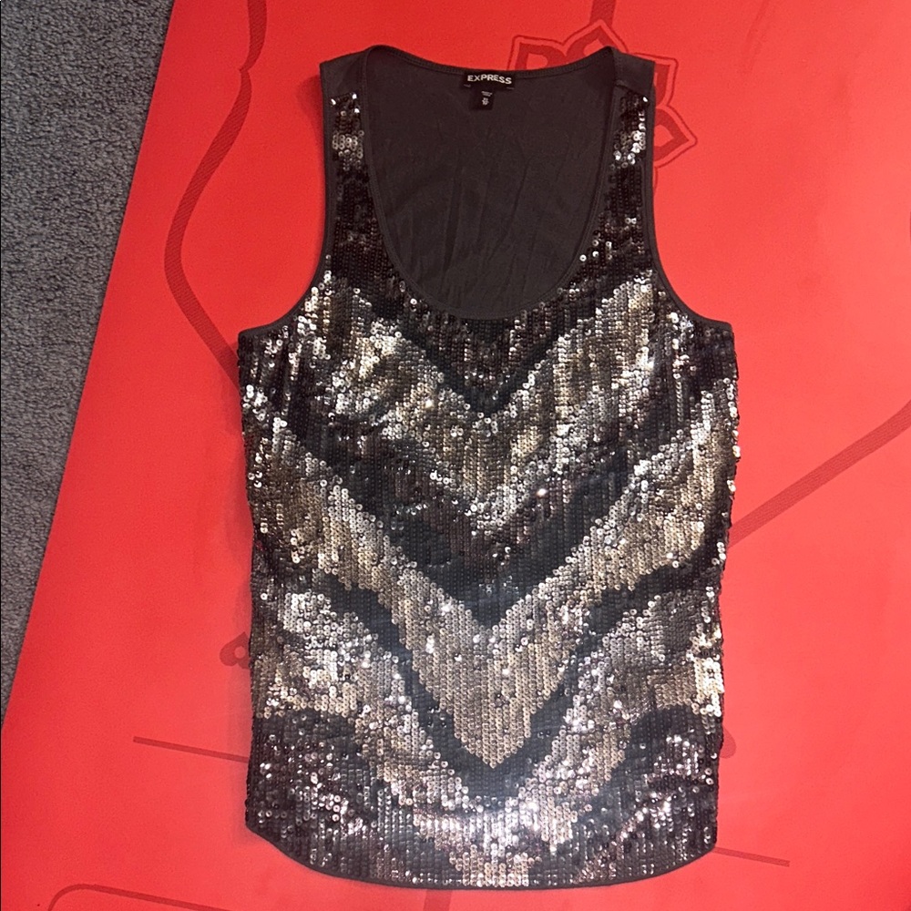 Express Sequined tank top, Silver and Black, Size XS